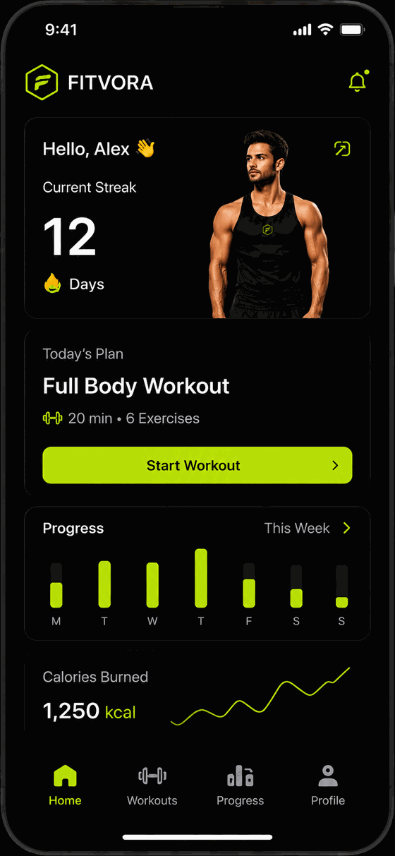 FitVora home screen showing today's plan, current streak and quick stats