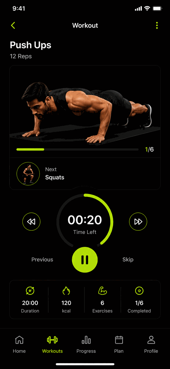 Guided exercise player showing the current move, reps and a set timer