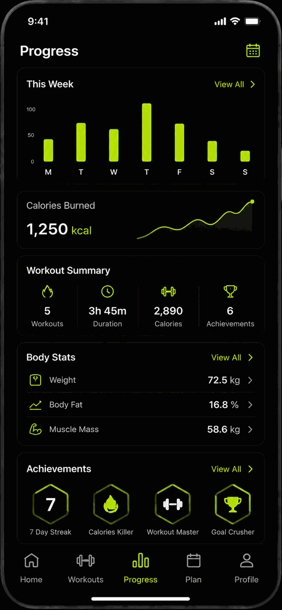 Weekly progress dashboard with calories burned and muscle groups trained