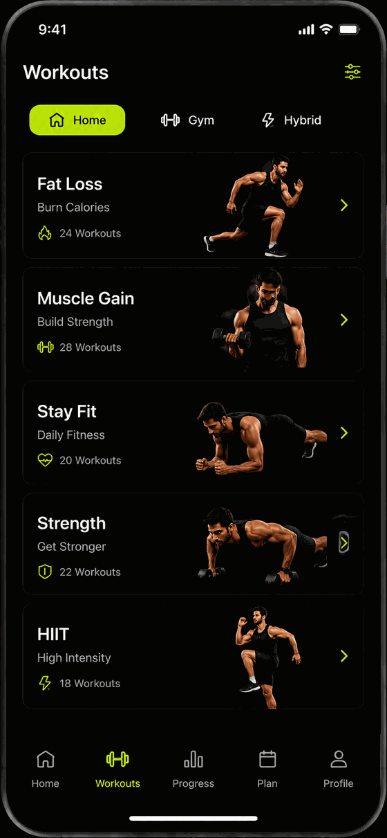 Workout library filtered by Home, Gym and Hybrid with goal categories