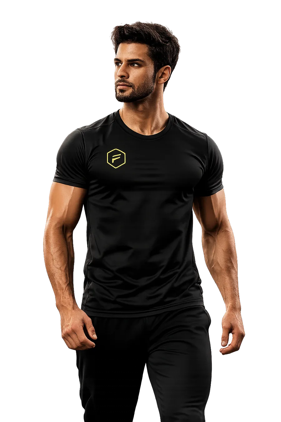 Muscular man in a black t-shirt ready to train with FitVora