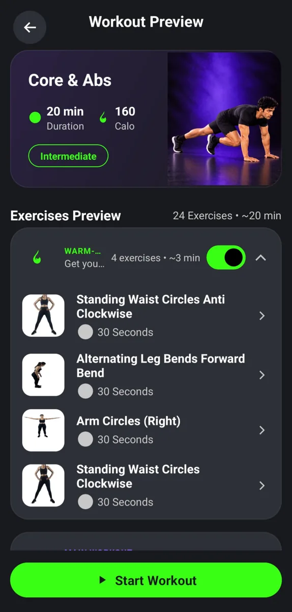 FitVora app — Core & Abs workout preview with exercises
