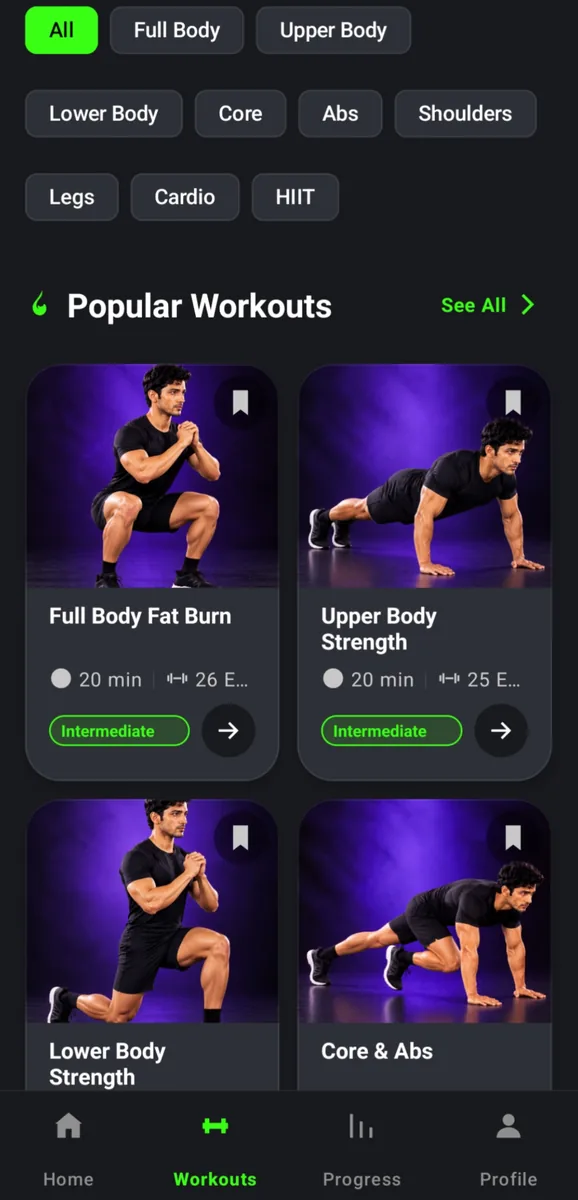 FitVora app — popular workouts library by category